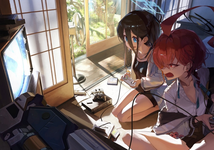 Blue Archive girls playing video games indoors