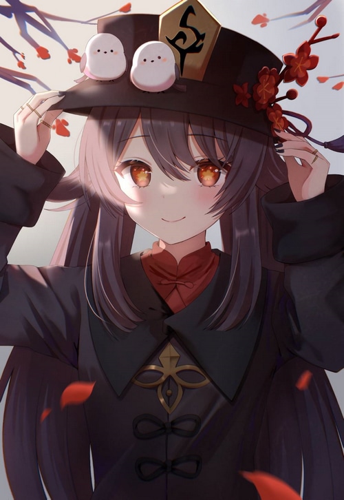 Hu Tao from Genshin Impact with birds on her hat