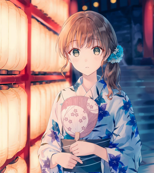 Girl in Kimono Holding a Fan with Lanterns