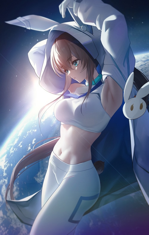 Amiya from Arknights in space with bunny ears