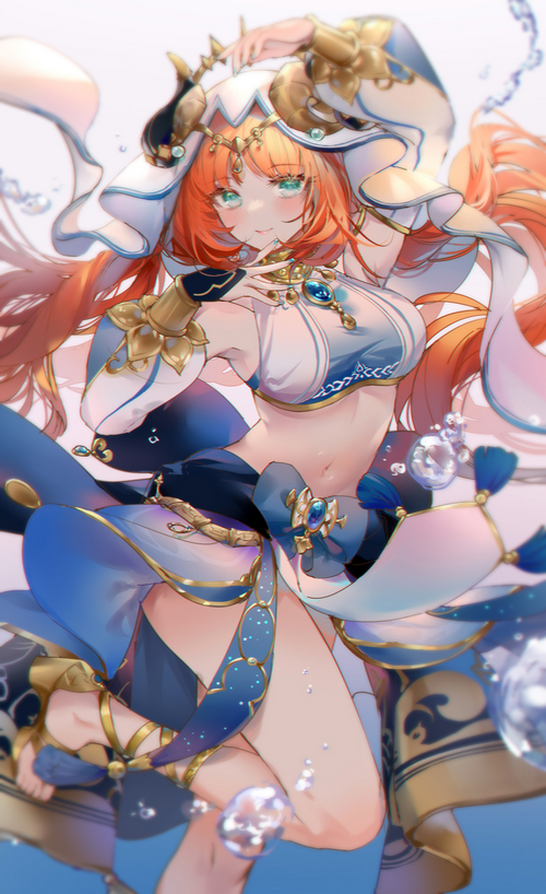 Nilou from Genshin Impact with blue eyes and orange hair