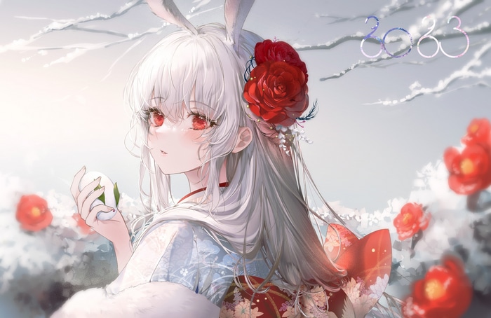 Anime girl with bunny ears and kimono in snow