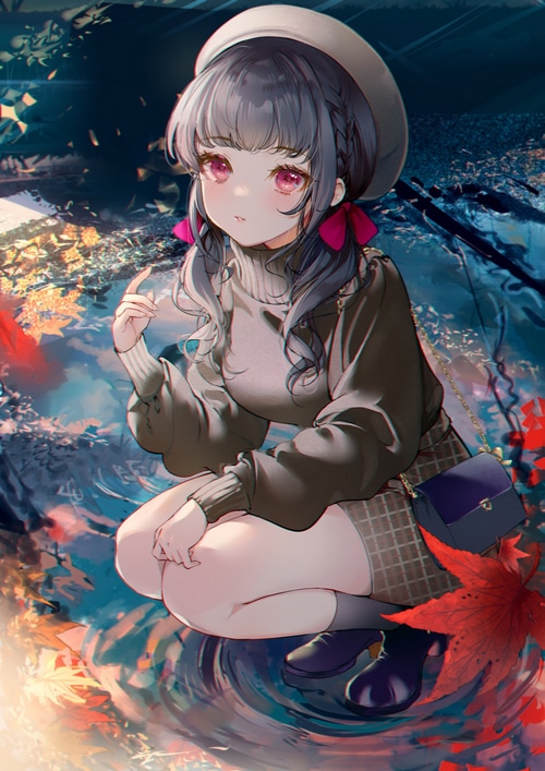Anime girl with red eyes and braids wearing a hat