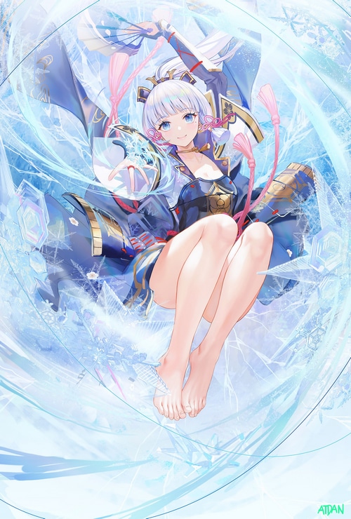 Kamisato Ayaka surrounded by ice and snowflakes