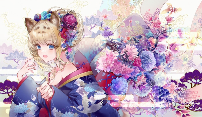 Blonde fox girl in a blue kimono with flowers