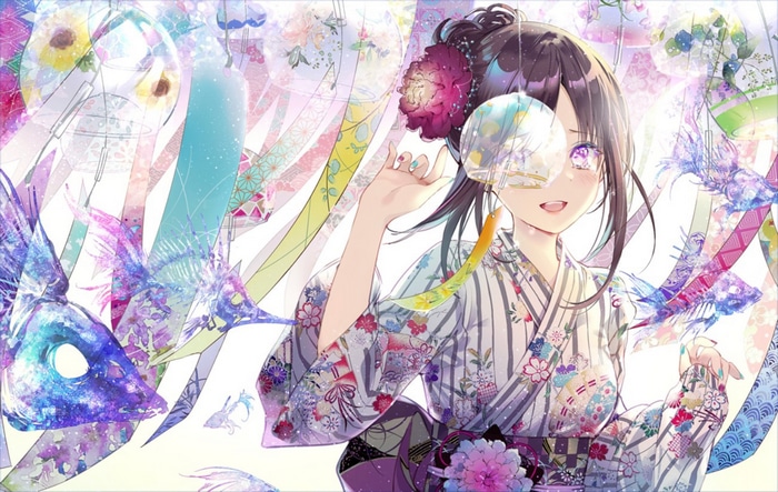 Girl in Kimono with Fish and Flowers