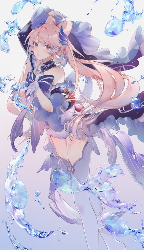 Sangonomiya Kokomi from Genshin Impact with water elements
