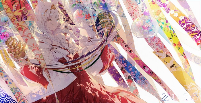 Fox girl in kimono with colorful streamers 2018
