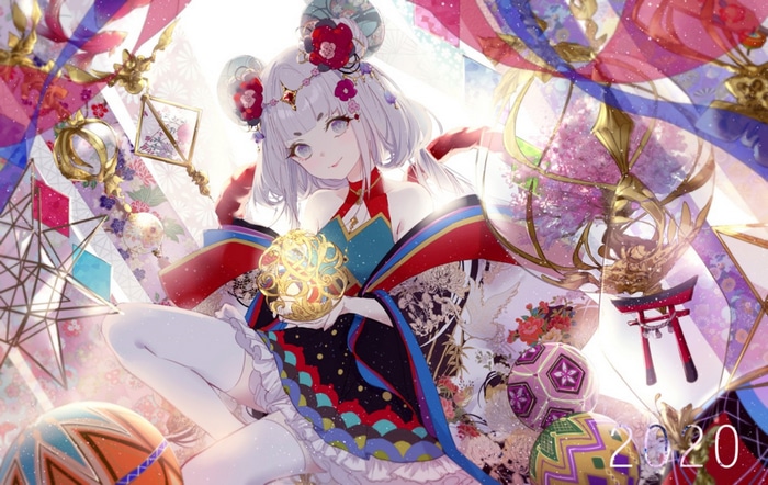 Anime girl with gray hair and flower in hair holding a ball
