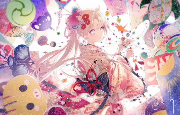 Girl in Kimono with Animal Ears and Origami Decorations