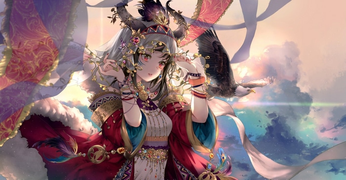 Anime girl with horns and bald eagle in clouds