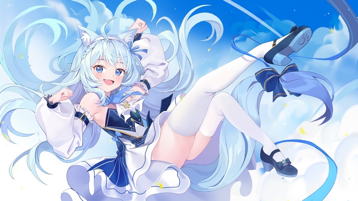 Cat girl with blue hair and cat ears in the sky