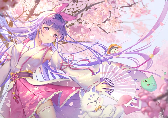 Anime girl with purple hair and cherry blossoms