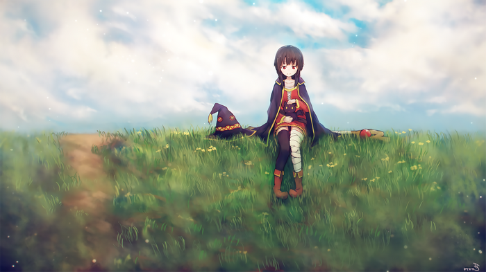 Megumin from KonoSuba sitting in a grassy field with her hat