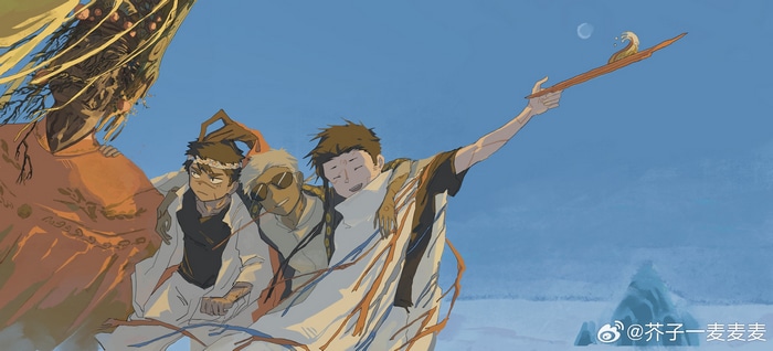 Three men and a large figure in orange robes