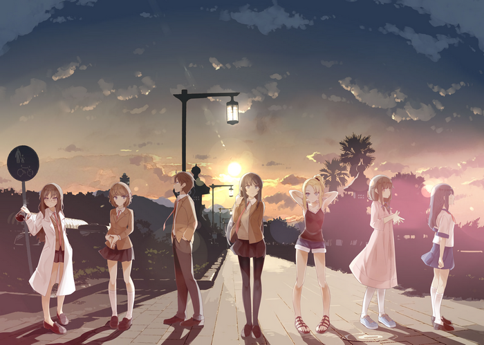 Seishun Buta Yarō wa Bunny Girl-senpai no Yume wo Minai characters at sunset