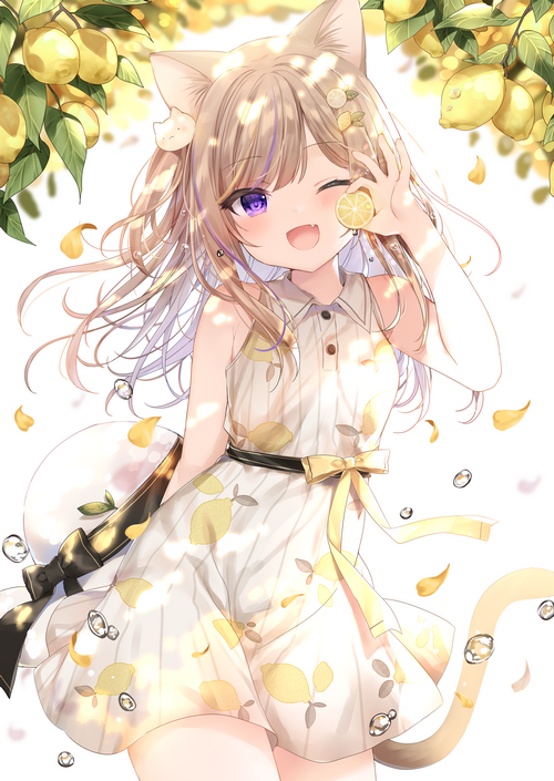 Cat girl with lemons and sunlight