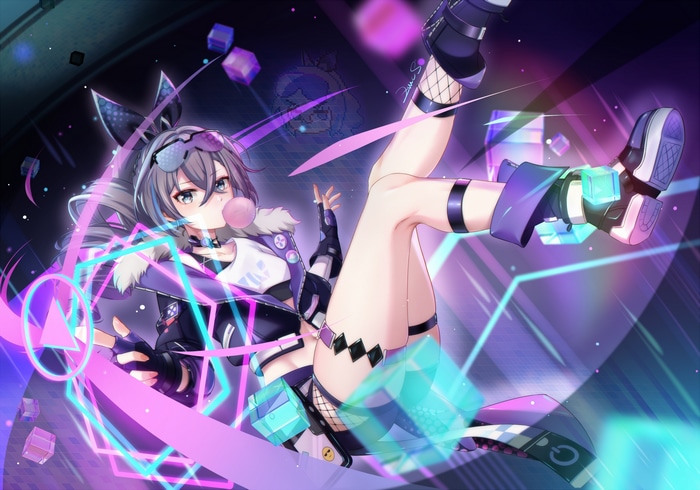 Silver Wolf from Honkai: Star Rail blowing bubble gum