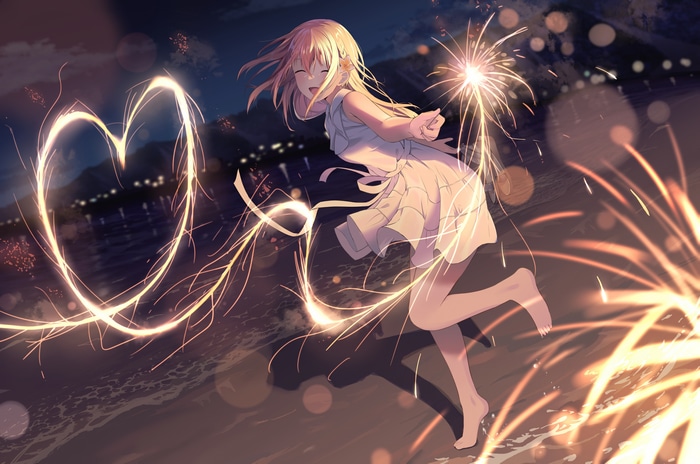 Girl drawing a heart with sparklers on the beach at night