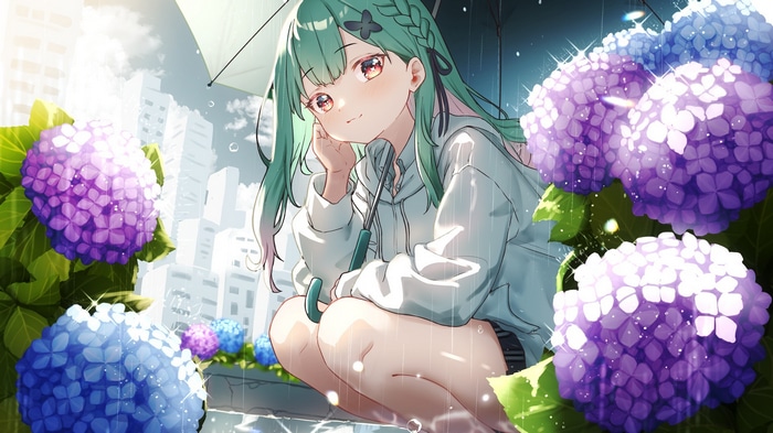 Girl with umbrella and hydrangeas in the rain