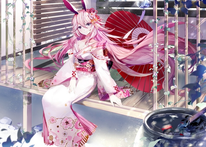 Yae Sakura in Kimono with Bunny Ears and Umbrella