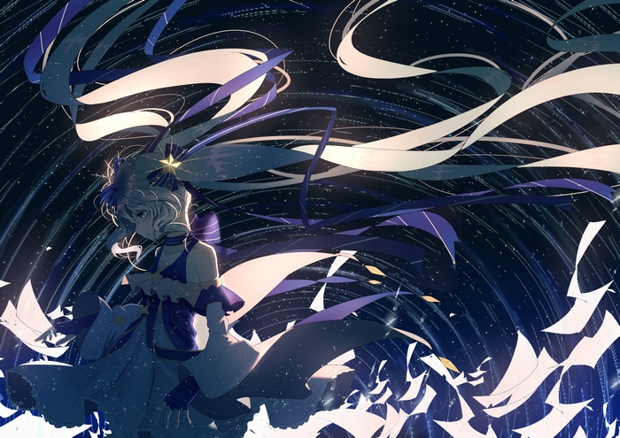 Hatsune Miku in a starry sky with flowing ribbons