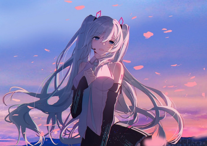 Hatsune Miku with blue twintails at sunset