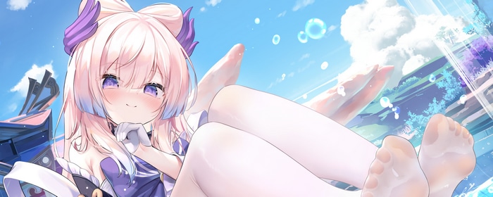 Sangonomiya Kokomi smiling with feet in the air