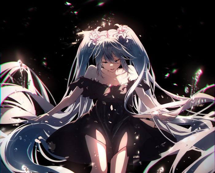 Hatsune Miku in a black dress with twintails