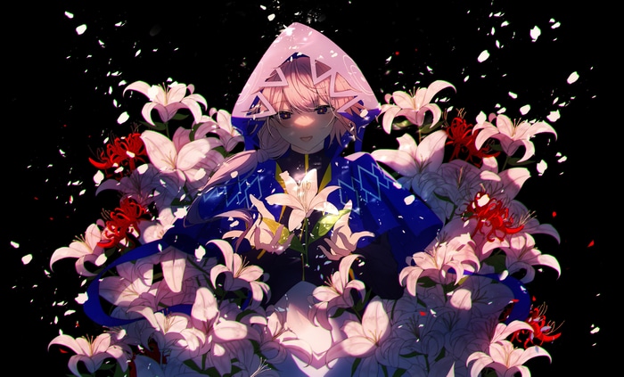 4K anime girl with pink hair surrounded by lilies