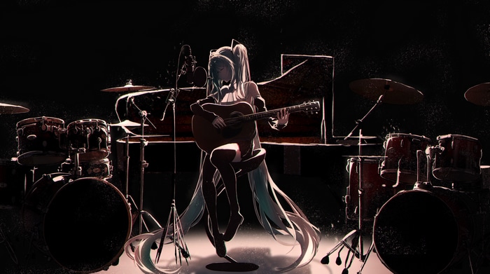 Hatsune Miku playing guitar on stage with drums