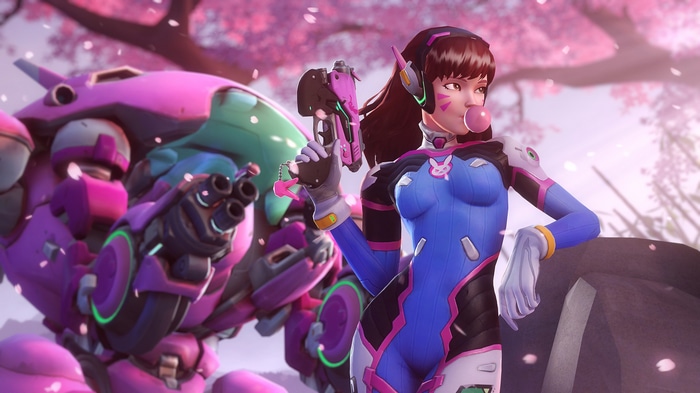 D.Va and her mech in Overwatch with cherry blossoms