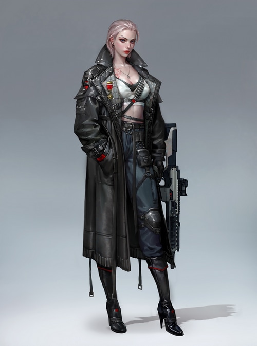 Woman in trench coat holding a rifle