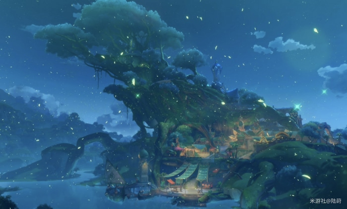 Genshin Impact night scene with a giant tree village