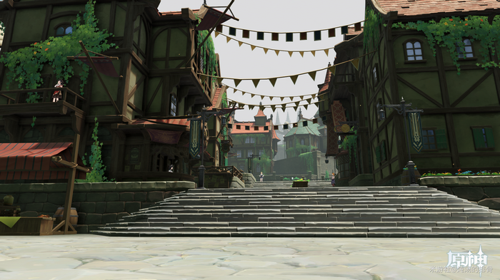 Genshin Impact village with stairs and banners