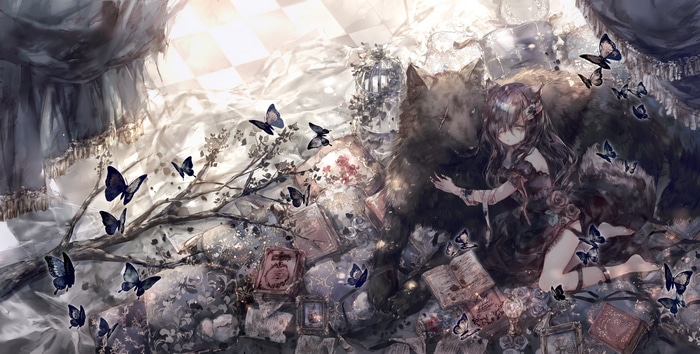 Girl and Wolf surrounded by butterflies and books