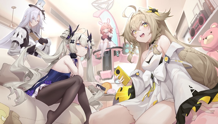 Four anime girls with long hair and distinct outfits in a room