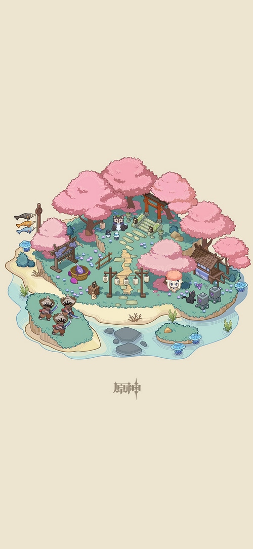 Genshin Impact island with cherry blossoms and characters