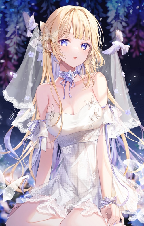 Blonde girl in a wedding dress with butterflies and birds