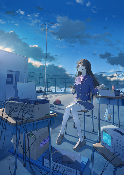 Girl in school uniform with electronic equipment on rooftop