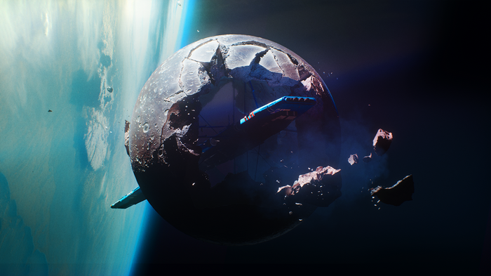 4K space scene with a broken planet and spaceship