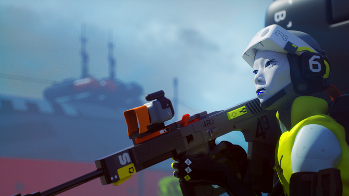 Marathon character with futuristic rifle