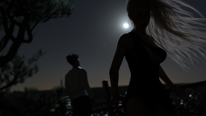Silhouette of a woman and a man under the moon