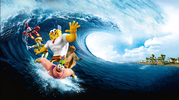 SpongeBob SquarePants, Patrick, and friends surfing a giant wave