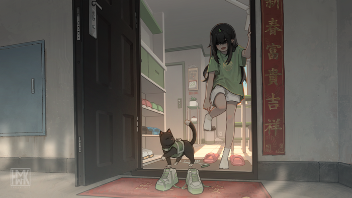 Girl and cat by the door with shoes