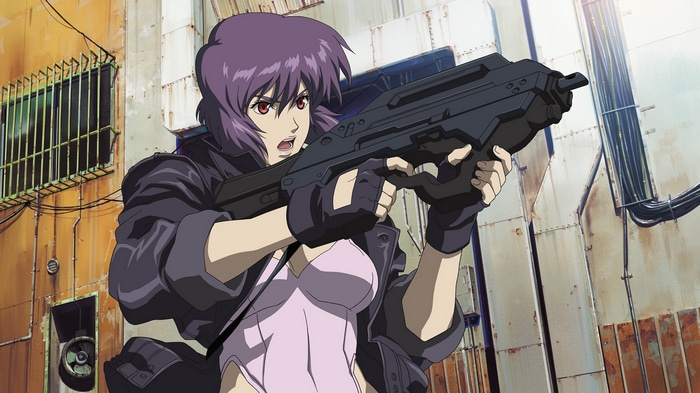 Motoko Kusanagi holding a futuristic gun