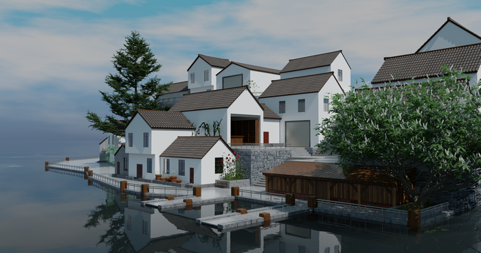 4K village with houses and trees by the water