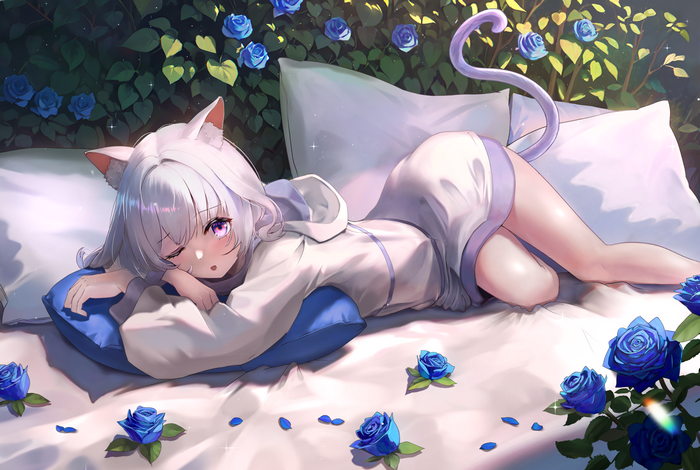 Cat girl with purple eyes lying down with blue roses