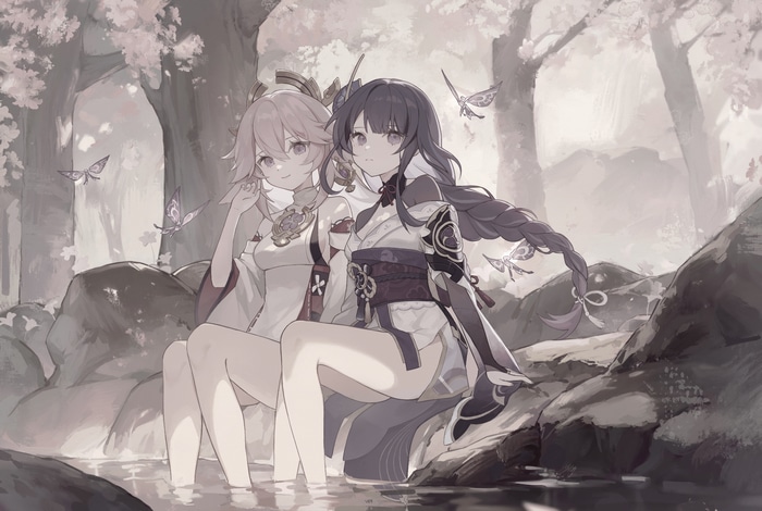 Raiden Shogun and Yae Miko by a stream