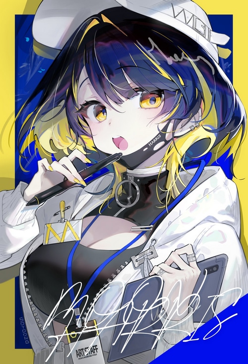 Anime girl with yellow eyes wearing a hat and mask